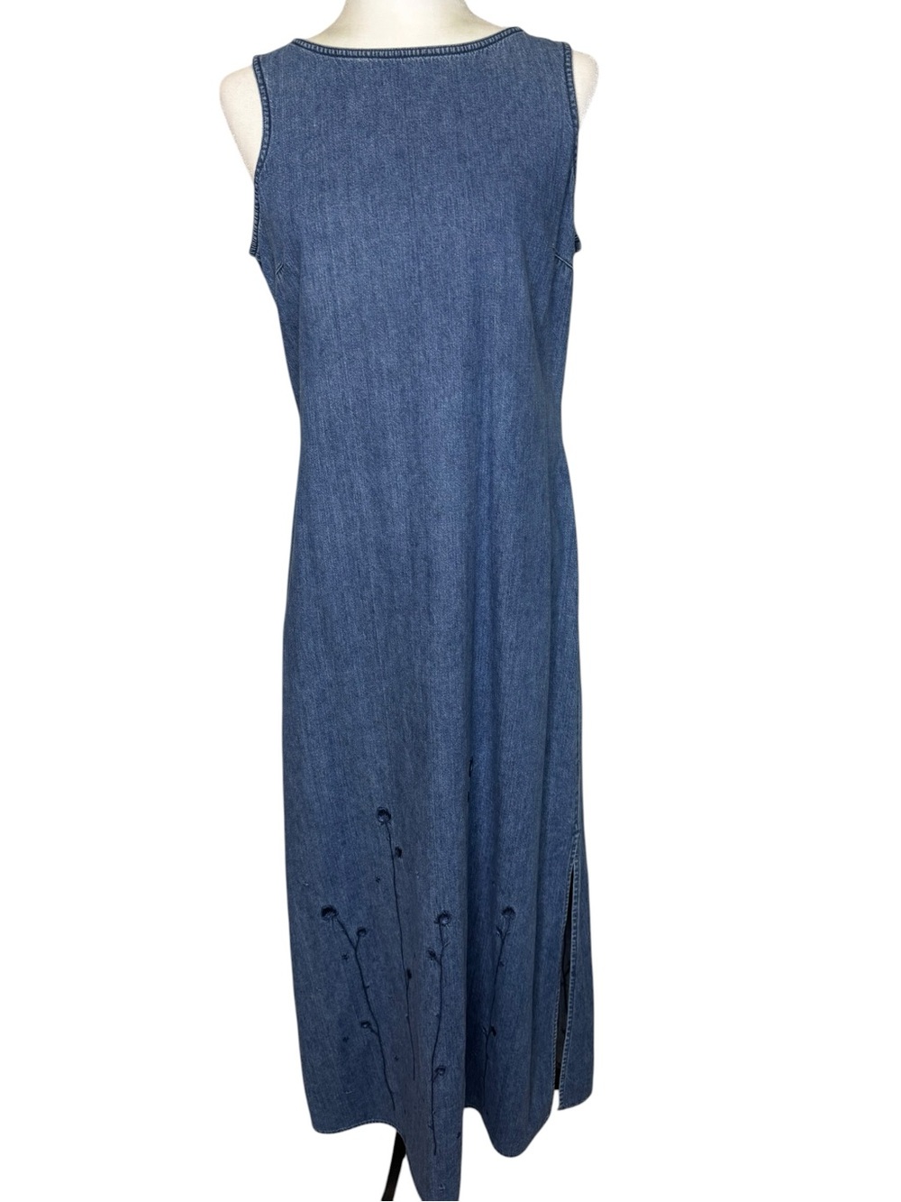 Vintage Liz Claiborne Sleeveless Denim Maxi Dress Floral Embroidery Earth Mother